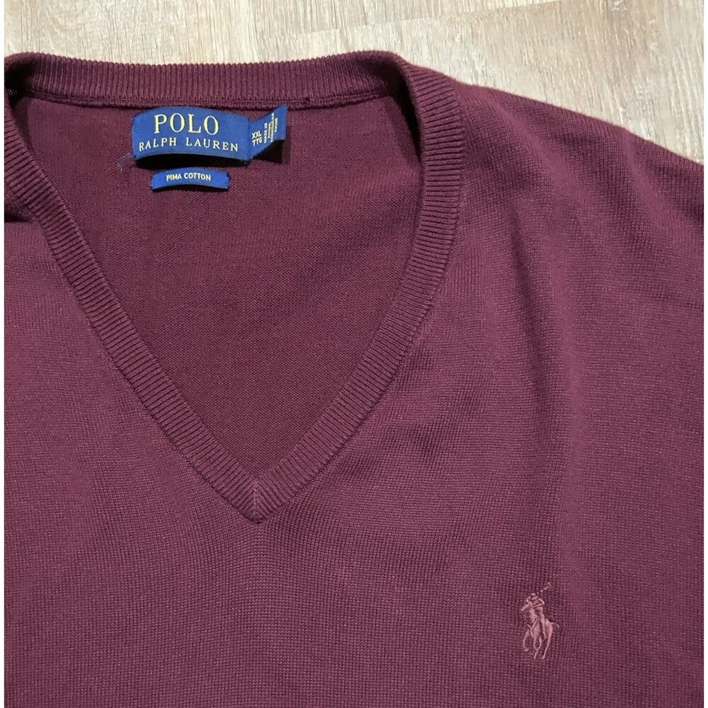 Polo Ralph Lauren Sweater Mens XXL Burgundy Pima Cotton Pullover V-Neck Pony 162 - Picture 3 of 5
